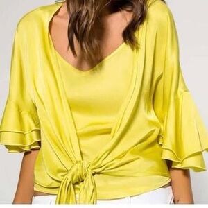 Yellow Silky Tie-Front Blouse Shirt Bolero Crop Top Summer Shirt Flowy Fairycore